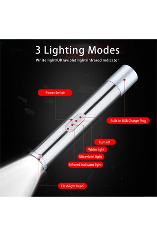 Singree Alüminyum Tıp El Feneri Usb Şarjlı 3 Fonksiyonlu: Beyaz Işık, Infrared Lazer Ve Mor Işık Para Kontrolü Gümüş