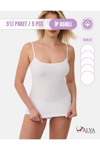 Alya Underwear %100 Pamuk Kumaşlı İp Askılı Kadın Atlet Jakarlı Ribana Kalp İşlemeli 5'li Paket Beyaz