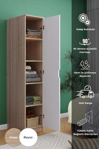 Lento 1 Kapaklı 5 Raflı Gardırop Beyaz Meşe Beyaz Meşe