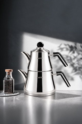 Luna Sade Midi Boy Çelik Kapaklı Paslanmaz Çelik 0.75-1.50 Litre Çaydanlık Takımı Gri