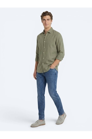 Kip Nefti Yeşil Düz Regular Fit Uzun Dokuma Casual Pamuk Karışımlı Gömlek