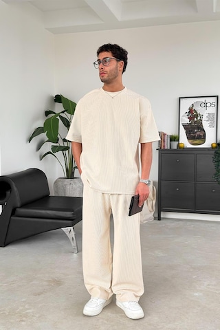 Bej İnce Fitilli Oversize Tişört Bej