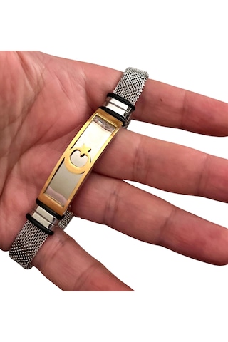 Türk Bayrağı Figürlü Hasır Hafif Kordon Çelik Erkek Bileklik 23cm