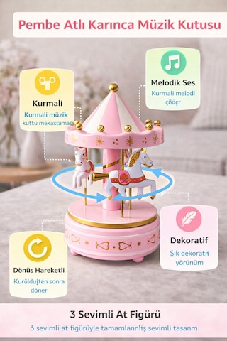 Pembe Atlı Karınca Müzik Kutusu Kurmalı Dönen Dekoratif Biblo Nostaljik Hediye Çocuk Odası İçin Şık