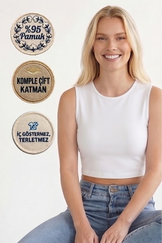 Mistirik Pineyto Model Sıfır Kollu Pamuklu Yumuşak Ve Esnek Formüllü Tasarım Basic Atlet Crop Beyaz Renk