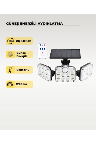 138 Led Solar Projektör Sensörlü Kumandalı 6500k Beyaz Işık 1200 Lümen Ip65 Güneş Enerjili Dış Mekan Aydınlatma 1 Adet