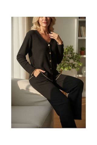 Moda Dua Premium Kadın Fitilli Pijama Takımı Siyah Gold Biye Detaylı, Yumuşak Dokulu Ev Şıklığı