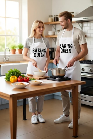 Kadın Unisex Mutfak Aşçı Önlüğü Baskılı Boyundan Bağlamalı Rahat Beyaz