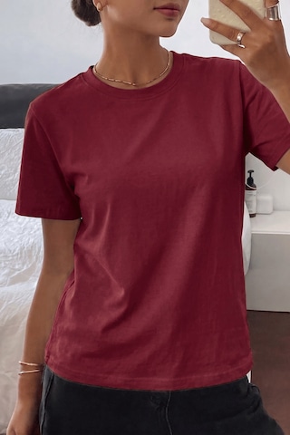 Genıus Store Kadın Tişört Gri Bisiklet Yaka Basic Tişört %100 Pamuk Rahat Kalıp T-shirt Basıc-kadın Bordo