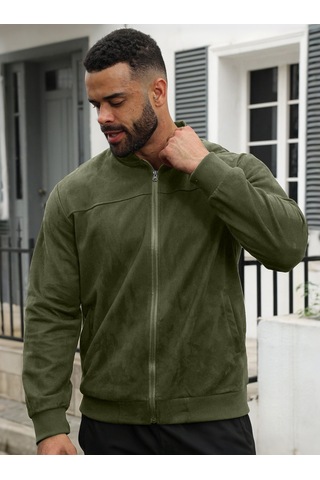 Sonbahar Süet Düz Renk Fermuarlı Hırka Vintage Uzun Kollu Erkek Ceket Kahverengi