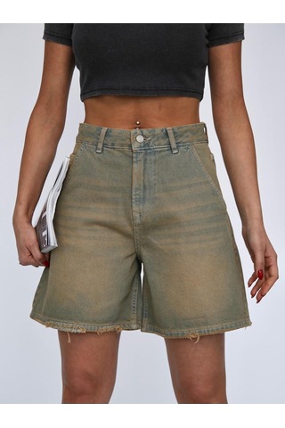 Tint Wash Denim Mini Şort Bej+Yeşiltint