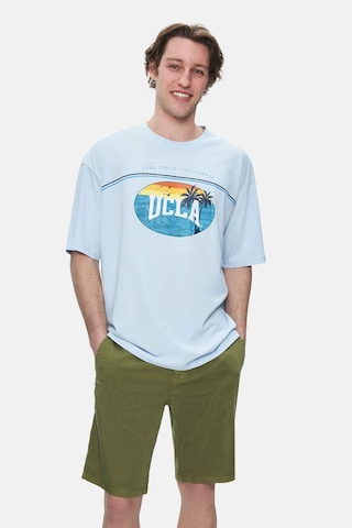 Ucla Aıre Gök Mavi Bisiklet Yaka Baskılı Oversize Erkek Tshirt Gök Mavi