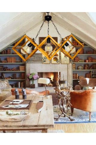 Doğal Eskitme 3'lü Ahşap Kare Çerçeveli Avize Siyah Zincir Askı