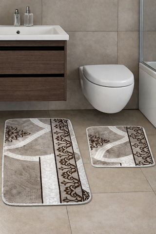 Kaymaz Tabanlı 2 Li Banyo Paspas Seti Yıkanabilir, Su Emici, Toz & Leke Tutmaz Oval Klozet Takımı Kahverengi - Yeşil