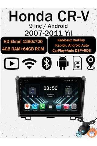 Honda Cr-v 2007-2011 Uyumlu 9 İnç Android Multimedya Ekran 4gb Ram 64gb Hafıza Kablosuz Carplay Android Auto 9"