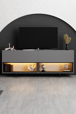 Ekol Siyah Demir Ayaklı Rgb Led Işık Sistemli Antrasit Tv Ünitesi Tv Sehpası M2 Antrasit - Siyah
