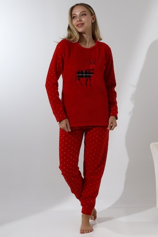 Fawn 5016 Peluş Welsoft Polar Kışlık Yumoş Geyikli Kadın Pijama Takımı Kırmızı
