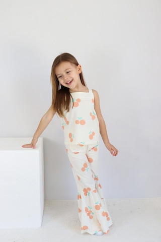 Kıpırık Baby Kız Çocuk Ekru Kiraz Desenli İspanyol Paça Pantalonlu Takım-1170 Ekru
