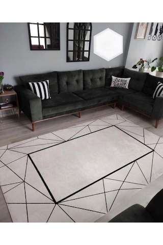 Platin Kaymaz Tabanlı Yıkanabilir Halı Kilim Yolluk Beyaz Siyah Beyaz - Siyah