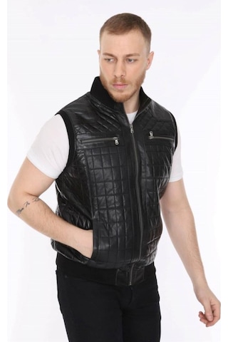 Hakiki Deri Siyah Işlemeli Lastikli Erkek Deri Yelek Siyah
