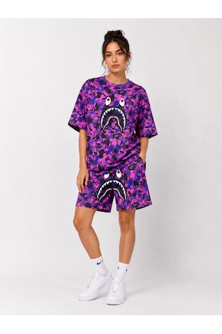 Moda Kadın Oversize Kalıp Pubg Bape X Shark Nakışlı Cepli Şort Takım - Mor Çok Renkli