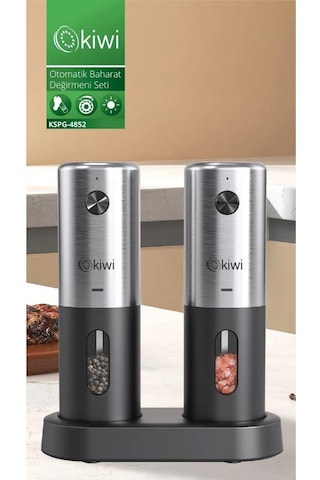 Kiwi Kspg-4852 Şarjlı Paslanmaz Çelik Tuz Karabiber Değirmeni Otomatik Baharat Öğütücü 2li Paket Gri - Siyah