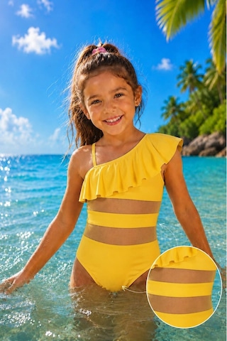 My Kids Wear Kız Çocuk Fırfır Ve Tül Detaylı Tek Parça Mayo. 12841 Sarı
