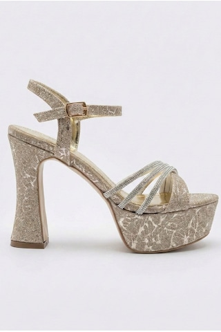 Giamgia Store Kadın Simli Taşlı Çapraz Bantlı Platform Kalın Topuklu Abiye Gelin Düğün Nişan Ayakkabısı-2272 Altın