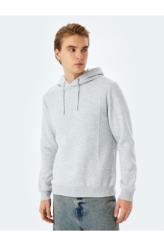 Koton Reglan Kollu Pamuk Karışımlı Kapşonlu Şardonlu Dikiş Detaylı Basic Hoodie Gri 5wam70261mk