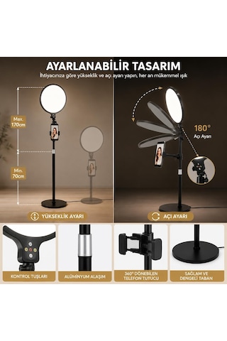 12 İnç Ring Light Telefon Tutuculu, 2700k-6500k Ayarlanabilir Işıklı Halka Lamba, Alüminyum Alaşımlı Canlı Yay