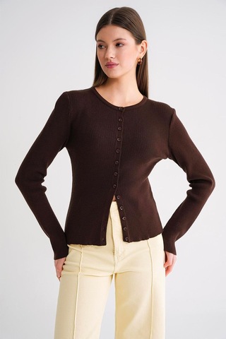Hiccup Mixray Düğmeli Slim Fit Yivli Örgü Hırka Kahve Kahvesi