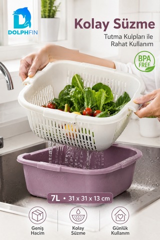 Elit Kare Süzgeç Ve Badya Seti 7 L Bpa Free Beyaz - Mor