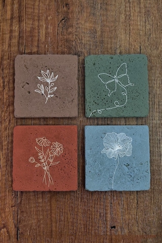 Doğal Taş Bardak Altlığı 4'lü Set - Renkli Çiçek Desenleri - Stone Coasters Çok Renkli