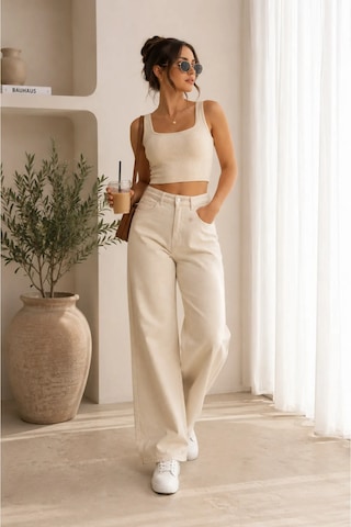 Layal My Beauty Melody Kadın Jeans Wide Leg Rahat Yüksek Bel Salaş Bol Paça Jean Palazzo Denim Kot Pantolon Krem