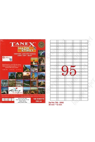 Tanex Tw-2095 Ebat 30 X 12 MM Laser Etiket A4 Sayfada 95 Etiket