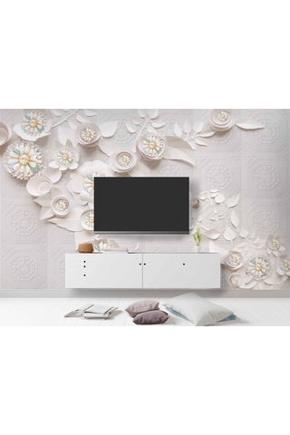 3 Boyutlu Beyaz Çiçek İnci Motifli Duvar Kağıdı Baskı 1 M²