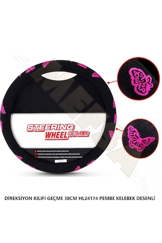 Universal Direksiyon Kılıfı Siyah Üzeri Kabartma Desenli 38cm Direksiyonlar İçin Kabartmalı Pembe Kelebek Desenli