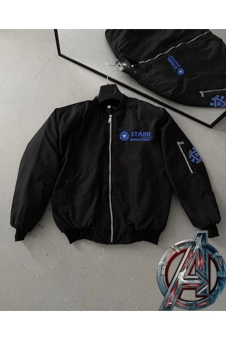 Mbb E-ticaret Erkek Stark Industries Siyah Bomber Mont Fermuarlı Cepli Uzun Kollu Kapitone - Siyah