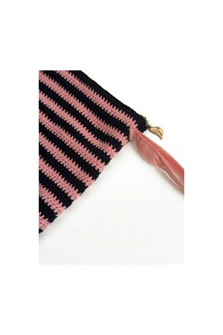 Lento Design El Örgüsü Çizgili Clutch Çanta Siyah & Somon Pamuk Portföy, Fermuarlı El Yapımı Cüzdan Bej