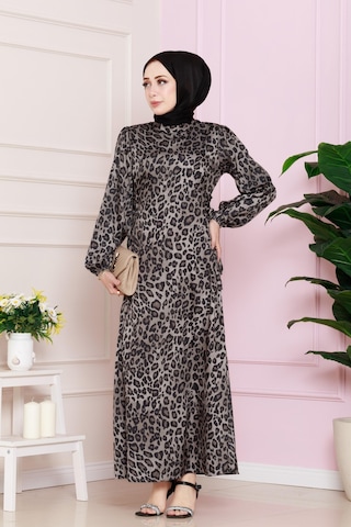 Yanı Bağcıklı Leopar Desenli Tesettür Abiye-vizon-4681