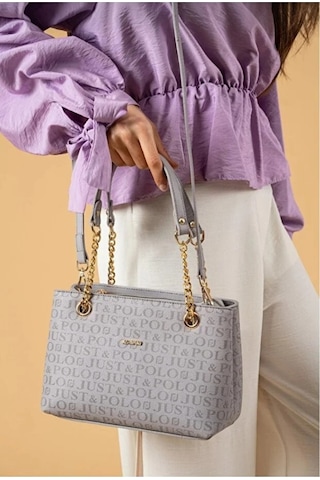 Just Polo Orijinal Kadın 3 Bölmeli Zincir Detaylı Ayarlanabilir Askılı Lüks El & Omuz Çantası Shoulder Bag Gri