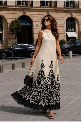 Asprinfashion Halter Yaka Pliseli Baskılı Şifon Elbise Beyaz