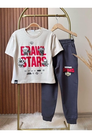 Magu Erkek Çocuk Pamuklu Ekru Oyun Baskılı T-shirt Eşofman Takım Çok Renkli