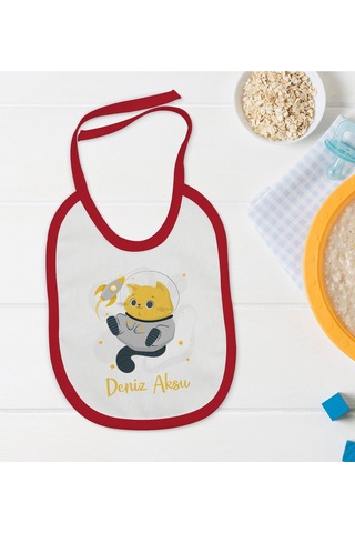BK Kids Kişiye Özel Sevimli Astronot Tasarımlı Kırmızı Mama Önlüğü Kırmızı