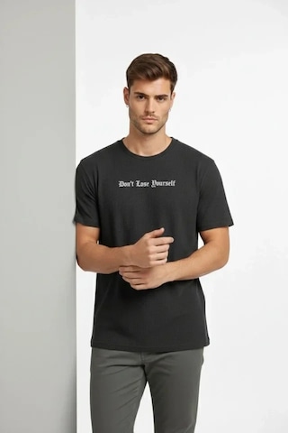 Vexor Erkek Wafıl Kumaş Tişört Regular Kalıp Bisiklet Yaka Baskılı Günlük Basic T-shirt - Siyah