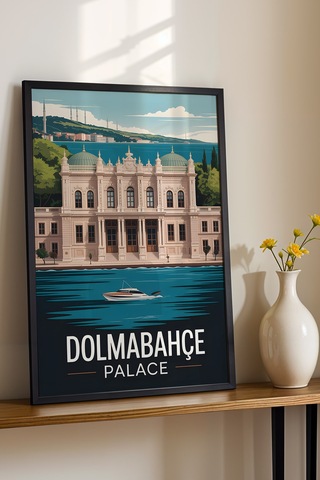 İstanbul Dolmabahçe Sarayı Tablo - Retro Travel Poster - Şehir Duvar Dekoru - Çerçeveli Poster Siyah