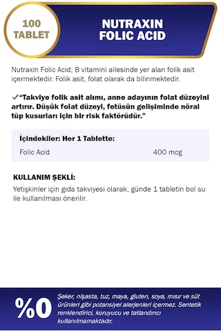 Nutraxin Folik Asit 400 Mcg 100 Tablet