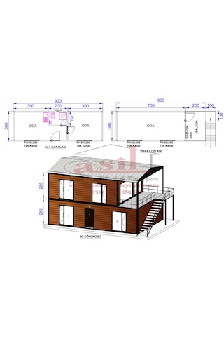 54 M² 2 Katlı,çatı, Verandalı Dış Ahşap Desen Betopan, İç Betopan