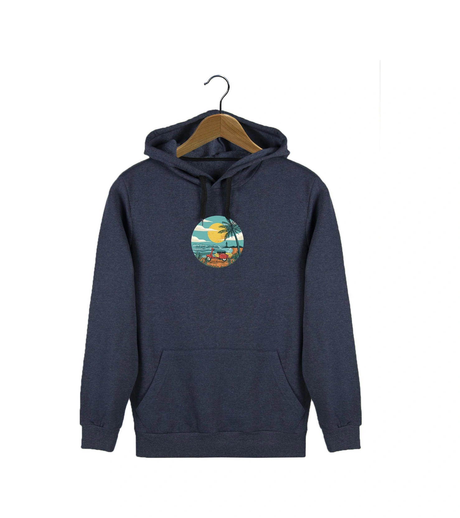Veaven Unisex Indigo Kapüşonlu Önü Scooter Baskılı Slim Fit Kanguru Cepli Sweatshirt İndigo