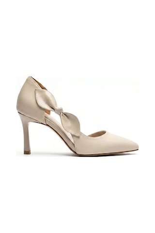 V.s.h Velvet Kadın Bej Saten Fiyonklu Sivri Burun 9 Cm İnce Topuklu Stiletto Abiye Ayakkabı-2454